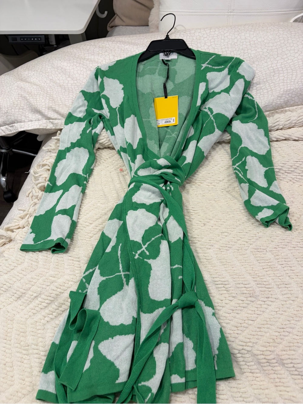 Diane Von Furstenberg Green and White Long-Sleeve Wrap Dress